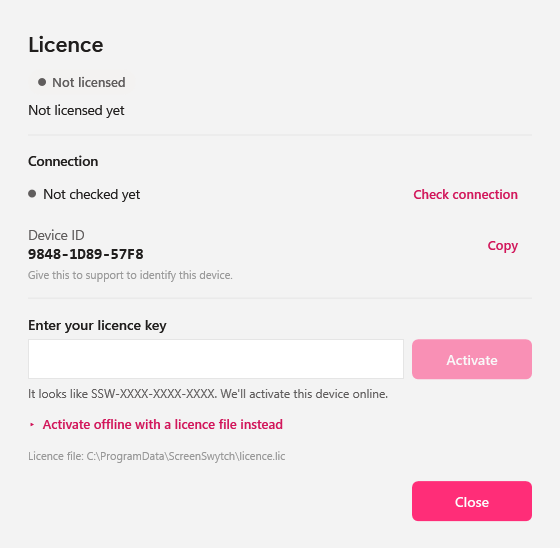 ScreenSwytch licence screen: enter your key to activate; shows the Device ID